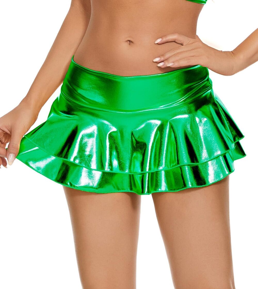 6384 Metallic Mini Skirt Double Layered Ruffle Skater Skirt for Raves